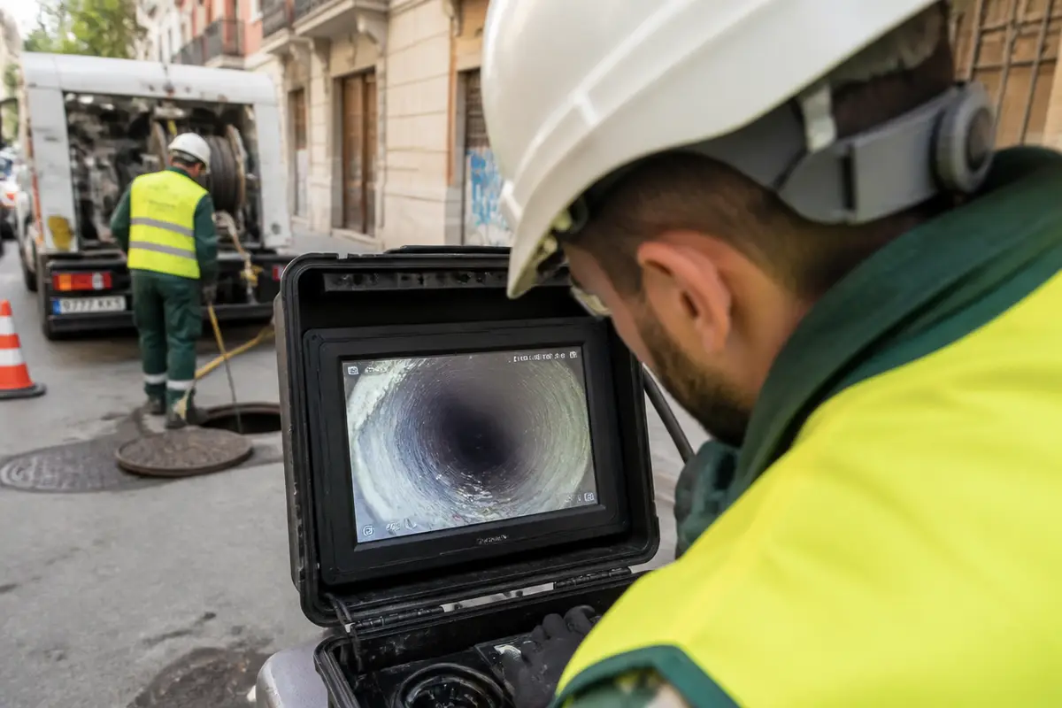 Monitor portátil mostrando el interior de un conducto mientras un técnico observa la inspección en Valencia