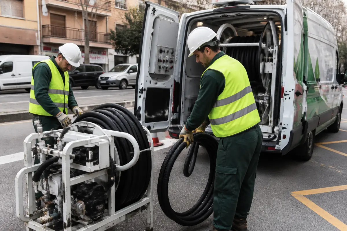 Equipo de desatascos prepara mangueras y maquinaria junto a un furgón en un aparcamiento urbano de Valencia